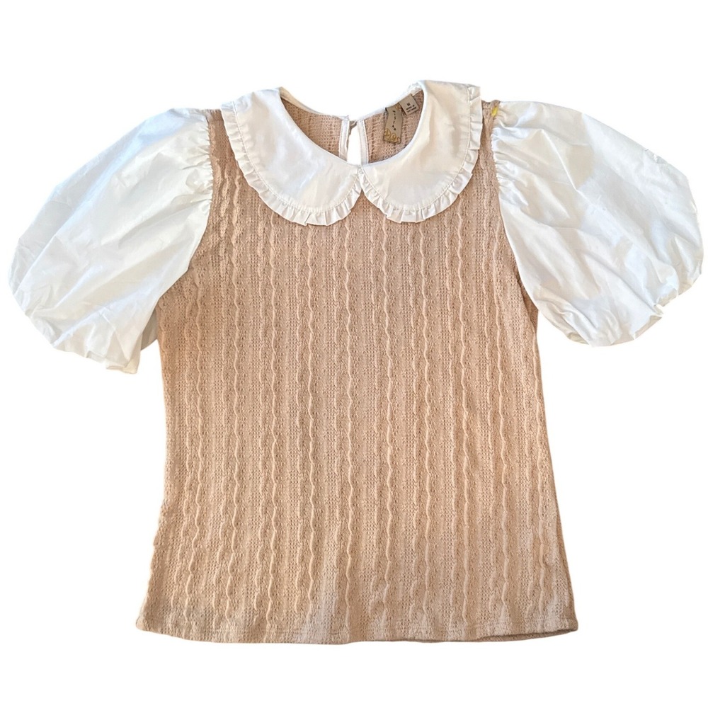 Misia Womens Coquette Knit Top Peter Pan Collar Size M Soft Girl‎ Preppy Beige